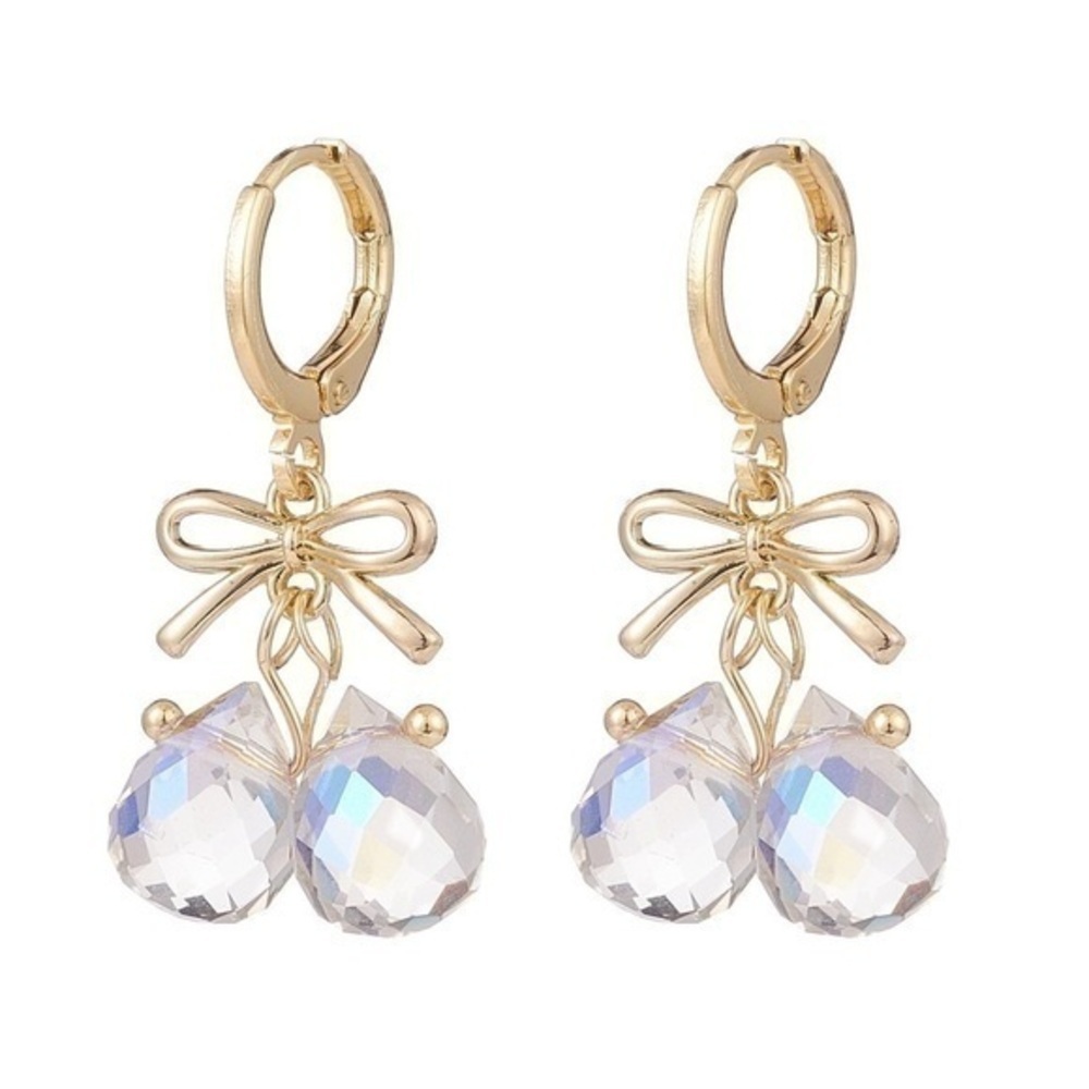 Alloy Bowknot with Glass Teardrop Dangle Leverback Earrings, Gold‎ Plated…